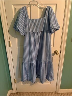 Old Navy Light Blue & White Striped Puff-Sleeve Sundress